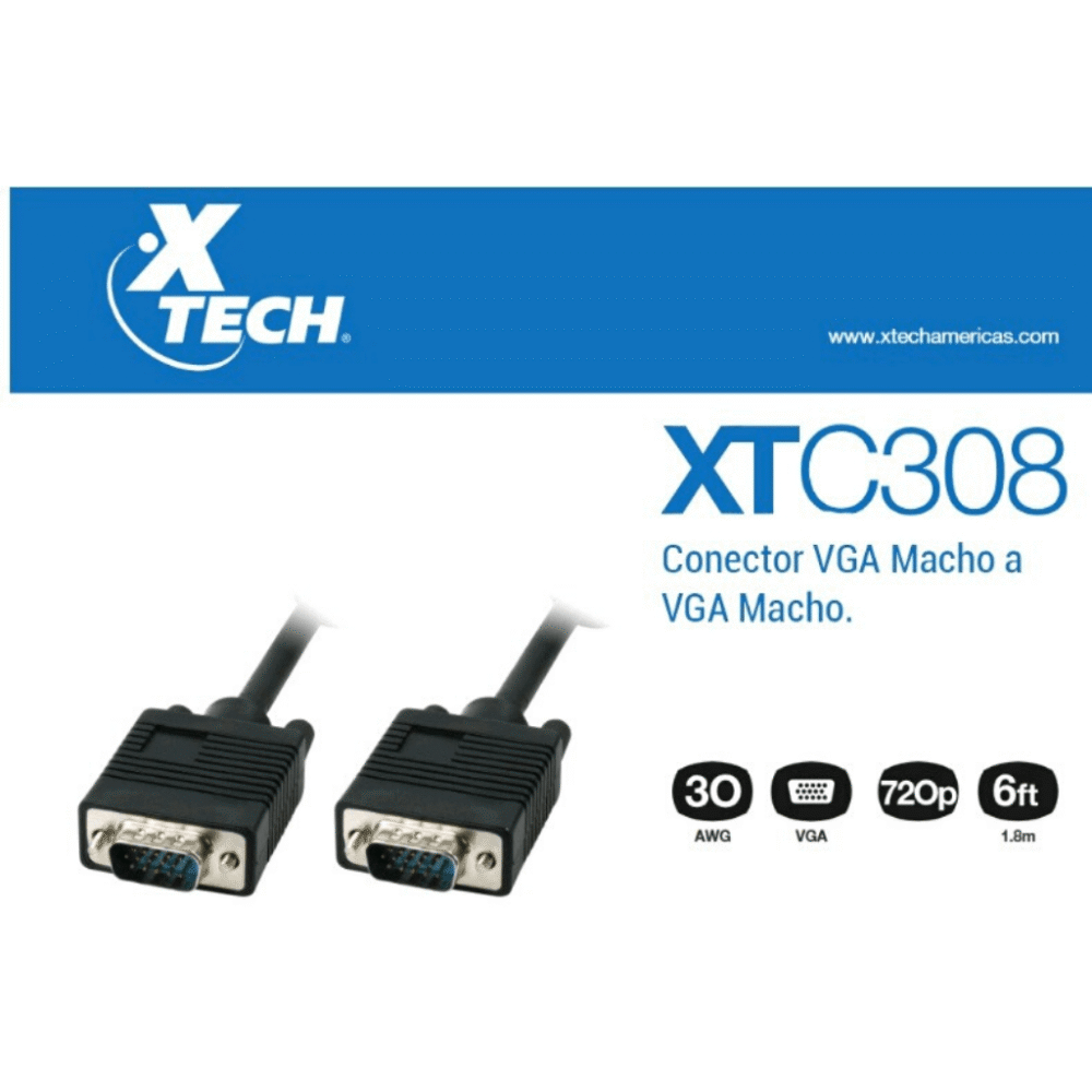 XTECH Cable VGA Macho/Macho 1.8 Metros para Monitor, TV y Proyector