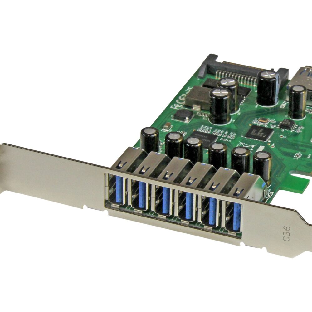 StarTech.com Adaptador tarjeta PCI Express 7 puertos USB 3.0 con alimentación SATA perfil bajo o completo - 7x USB A - Hub Interno - Adaptador USB - PCIe 2.0 - USB, USB 2.0, USB 3.0 - para P/N: ST1030USBM, ST7300USBME