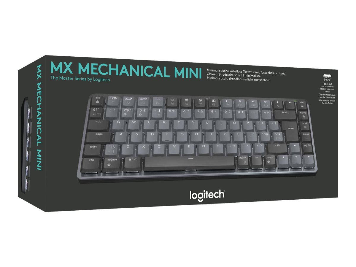 Teclado Inalámbrico Bluetooth Retroiluminado QWERTY Táctil Silencioso Grafito Logitech MX Mechanical Mini 1 Logitech Master Series MX Mechanical Mini - Teclado - retroiluminación - inalámbrico - Bluetooth LE - QWERTY - español - interruptor: táctil silencioso - grafito