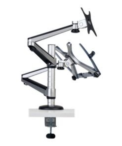 Tripp Lite Dual Display Laptop Mount Monitor Stand Swivel Tilt Clamp 13" to 27" EA and Laptops up to 15" - Kit de montaje (soporte, collarines, 2 abrazaderas de interfaz, pomo, manga, 2 brazos de articulación doble, abrazadera de poste para escritorio) - movimiento completo - para portátil y pantalla LCD - acero - negro - tamaño de pantalla: 13"-27" - escritorio