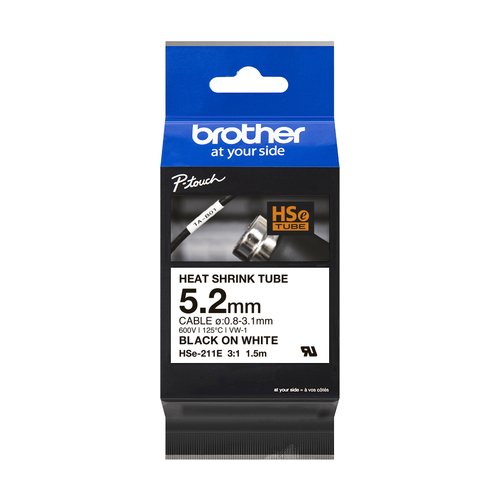 Brother HSe-211E - Negro sobre blanco - Rollo (0,52 cm x 1,5 m) 1 cinta(s) caja para colgar - cinta tubo termorretráctil - para P-Touch PT-D800, PT-E300, PT-E310, PT-E550, PT-P700, PT-P750, PT-P900, PT-P950 1 Brother HSe-211E - Negro sobre blanco - Rollo (0,52 cm x 1,5 m) 1 cinta(s) caja para colgar - cinta tubo termorretráctil - para P-Touch PT-D800, PT-E300, PT-E310, PT-E550, PT-P700, PT-P750, PT-P900, PT-P950