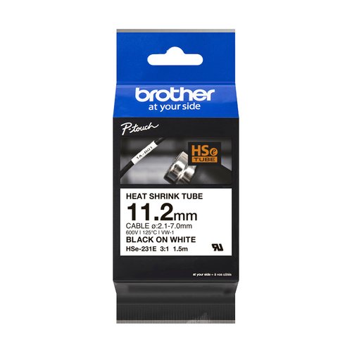 Cinta Termoretráctil 11.2mm Negro sobre Blanco Brother HSe-231E 1 Brother HSe-231E - Negro sobre blanco - Rollo (1,12 cm x 1,5 m) 1 cinta(s) caja para colgar - cinta tubo termorretráctil - para P-Touch PT-D800, PT-E300, PT-E310, PT-E550, PT-P700, PT-P750, PT-P900, PT-P950