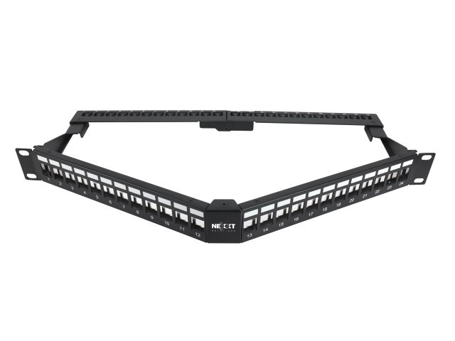 Nexxt Solutions Infrastructure - Patch panel - Cold-rolled steel - Black with silver extrusion - Angled Mod SH 24P 1U 1 Nexxt Solutions Infrastructure - Patch panel - Cold-rolled steel - Black with silver extrusion - Angled Mod SH 24P 1U