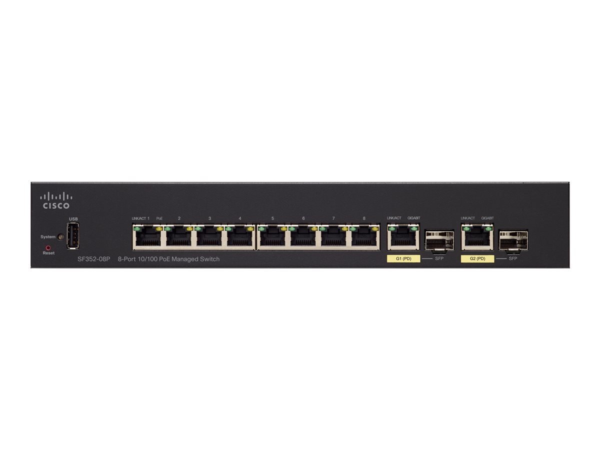 Cisco Small Business SF352-08P - Conmutador - L3 - Gestionado - 8 x 10/100 (PoE+) + 2 x combo Gigabit Ethernet/Gigabit SFP - sobremesa - PoE+ (62 W) 1 Cisco Small Business SF352-08P - Conmutador - L3 - Gestionado - 8 x 10/100 (PoE+) + 2 x combo Gigabit Ethernet/Gigabit SFP - sobremesa - PoE+ (62 W)