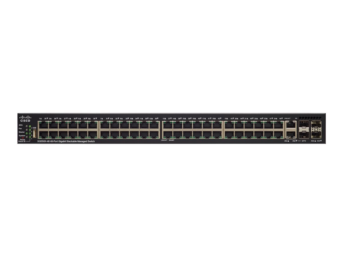 Cisco 550X Series SG550X-48P - Conmutador - L3 - Gestionado - 48 x 10/100/1000 (PoE+) + 2 x 10 Gigabit SFP+ (enlace de subida) + 2 x combo 10GBase-T (conexión de subida) - montaje en rack - PoE+ (382 W) 1 Cisco 550X Series SG550X-48P - Conmutador - L3 - Gestionado - 48 x 10/100/1000 (PoE+) + 2 x 10 Gigabit SFP+ (enlace de subida) + 2 x combo 10GBase-T (conexión de subida) - montaje en rack - PoE+ (382 W)